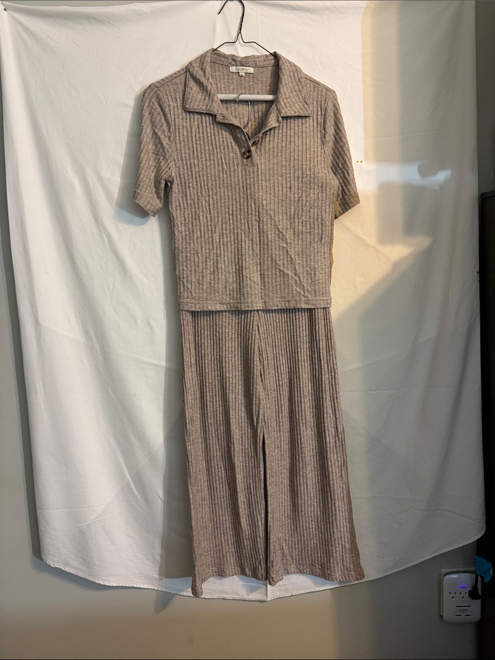 Z Supply Ribbed Wide-Leg Jumpsuit Set in Taupe Beige
